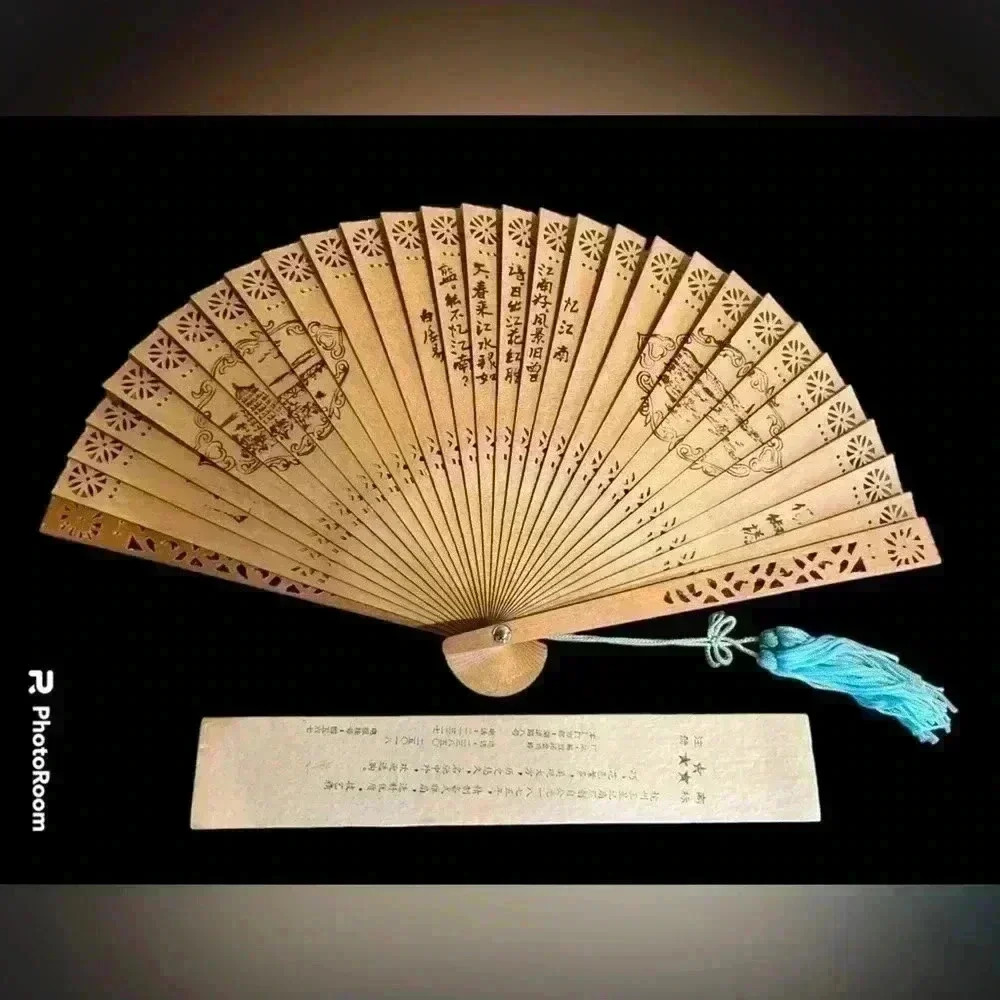Folding Chinese Vintage Hand Fan Tassel Cut Wood in Fabric Box Glass Lid 7.5”